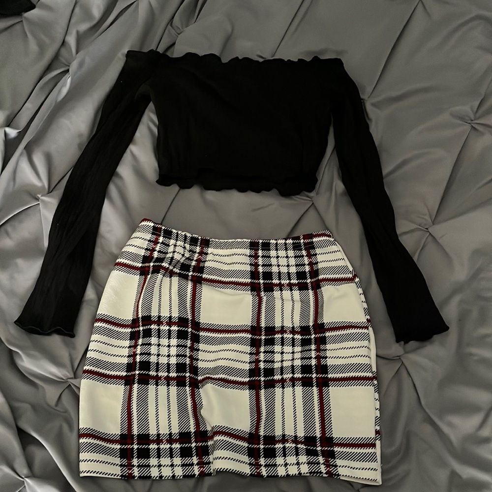 Two piece SHEIN set. Black cropped long sleeve shirt. Multi colored skirt.